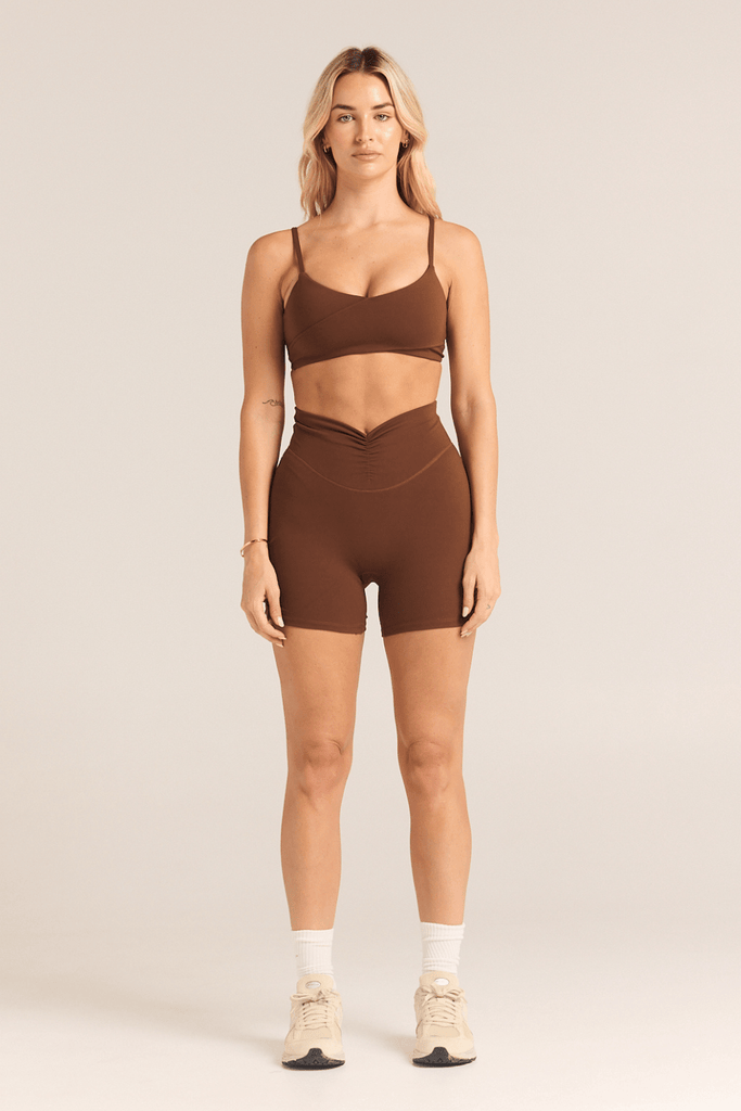 SZEP Chocolate Short with v line waistband, ruching sides and slight scrunch bum