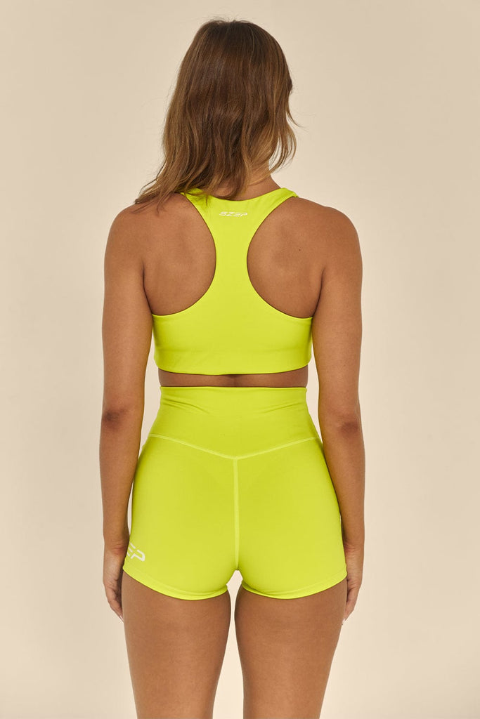 Lime Green Szep Crop with V neckline and white printed Szep logo printed on left underbust band