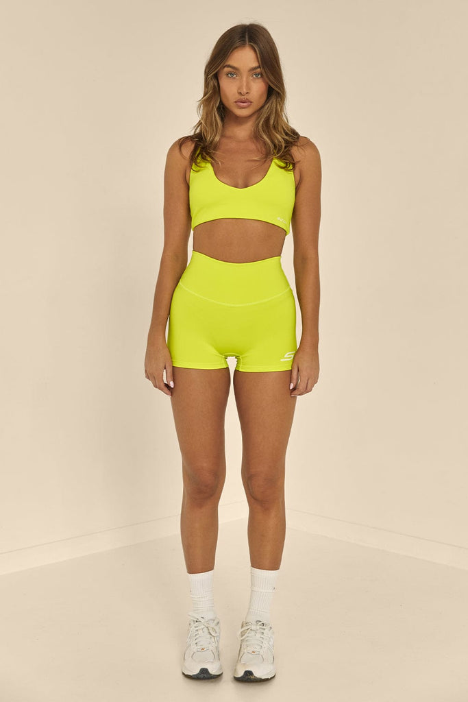 Lime Green Szep Crop with V neckline and white printed Szep logo printed on left underbust band